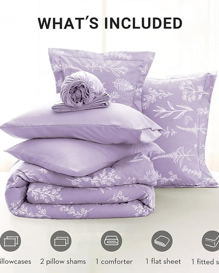 MUXHOMO Lavender Purple Full Comforter Set, Elegant Floral Print Bed in a Bag 7 Pieces, Ultra Soft & Breathable Reversible Botanical Pattern Bedding Set with Comforter, Sheets, Pillowcases, and Shams