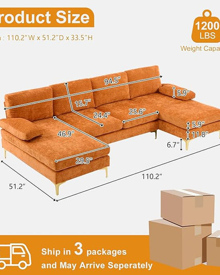 VINGLI 110" Sectional Couches for Living Room,U Shape Couch with Double Chaise, 4-Seat Sofa Set with Chenille Fabric for Home Furniture,Burnt Orange