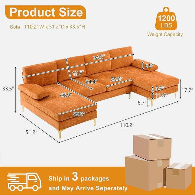 VINGLI 110" Sectional Couches for Living Room,U Shape Couch with Double Chaise, 4-Seat Sofa Set with Chenille Fabric for Home Furniture,Burnt Orange
