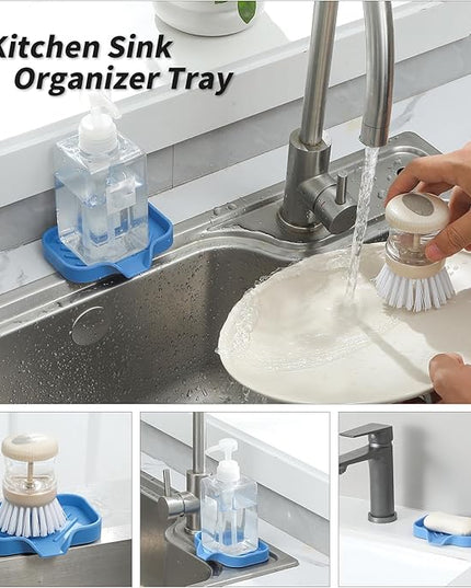 Silicone Bathroom Soap Dishes with Drain Spout-Bathroom and Kitchen Sink Organizer,Sponge Holder,Dish Soap Tray,Perfect for Dispenser,Scrubber,Bottle,Cup on Counter Lichen Blue 4.9"×3.2"