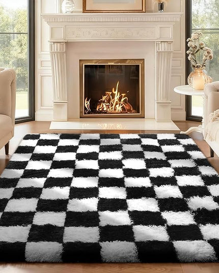 Ophanie Checkered Black & White Rug for Living Room Bedroom, Fluffy Soft Cute Fuzzy Area Rugs, Shag Plush Shaggy Bedside Floor 4x6 Furry Carpet for Kids Baby Teen Dorm Nursery Home Decor Aesthetic