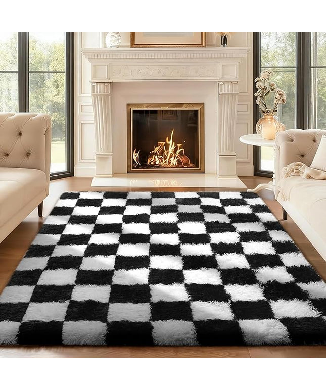 Ophanie Checkered Black & White Rug for Living Room Bedroom, Fluffy Soft Cute Fuzzy Area Rugs, Shag Plush Shaggy Bedside Floor 4x6 Furry Carpet for Kids Baby Teen Dorm Nursery Home Decor Aesthetic