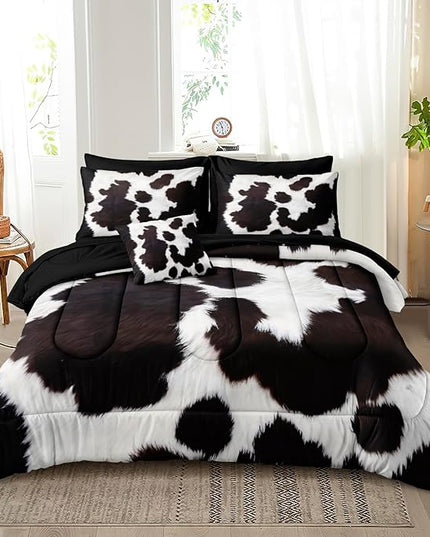 Bedbay Cow Print Comforter Set King Size Bed in a Bag Set Boys Girls Western Farmhouse Animal Print Bedding Set Black White Brown Cowhide Printed Rustic Bedding Comforter 8 Pieces (Cow Print,King)