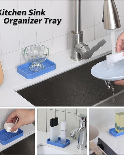 Silicone Kitchen Sink Organizer Tray for Multiple Usage,Easy Clean Sponges Holder for Kitchen Bathroom Counter or Sink,Dish Soap Dispenser,Scrubber,Bottle,Cup Lichen Blue 4.9”x 3.2”