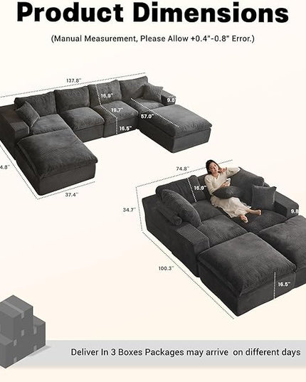 137.8” Sectional Couches for Living Room, Cloud Couch, Modular Sectional Sofa, Convertible Sofas Bed, Deep Seat Sofa, U Shaped Cozy Sofa Furniture Set, Corduroy, Gray