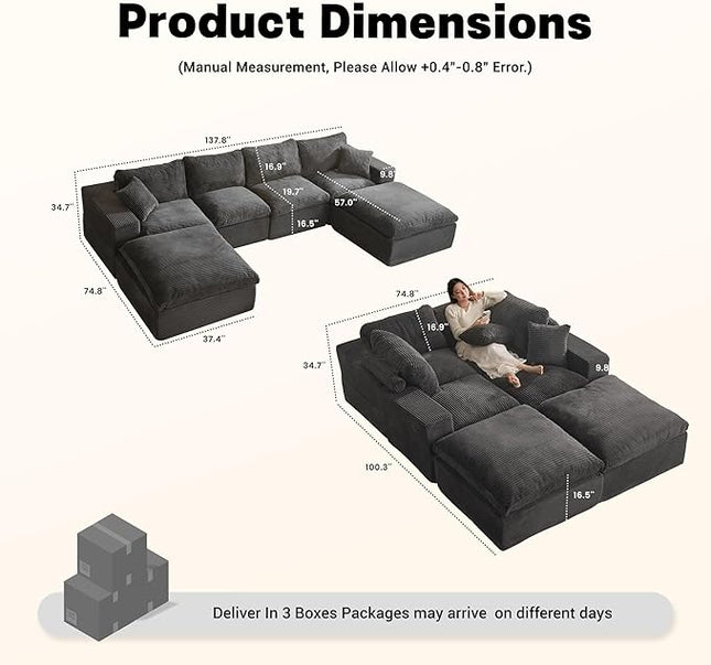 137.8” Sectional Couches for Living Room, Cloud Couch, Modular Sectional Sofa, Convertible Sofas Bed, Deep Seat Sofa, U Shaped Cozy Sofa Furniture Set, Corduroy, Gray