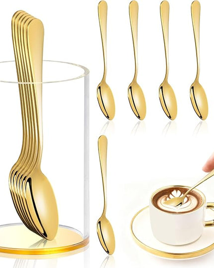 6 Pcs Gold Coffee Spoons with Holder Mini Coffee Spoons Gold 4.7 Inch Demitasse Espresso Spoons Tiny Dessert Spoons Small Tea Spoon Stainless Steel Acrylic Cylinder Holder for Coffee Bar Home Party