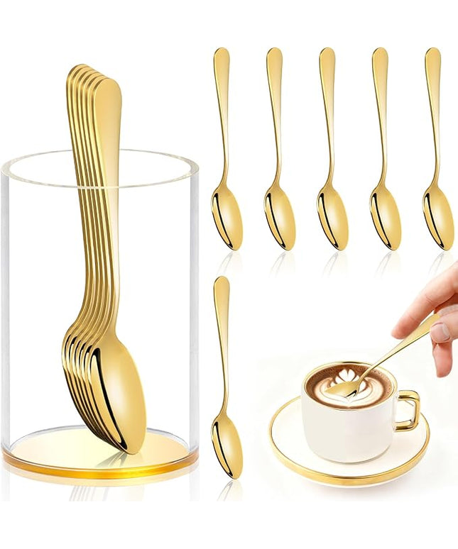 6 Pcs Gold Coffee Spoons with Holder Mini Coffee Spoons Gold 4.7 Inch Demitasse Espresso Spoons Tiny Dessert Spoons Small Tea Spoon Stainless Steel Acrylic Cylinder Holder for Coffee Bar Home Party