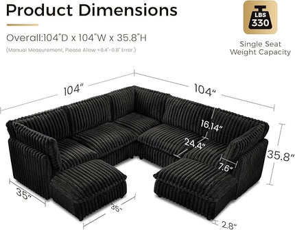 KKL Modular Sectional Couch for Living Room, V Shaped Corduroy Couches with 2 Ottomans, 7 Seater Oversized Sofa, Soft Fabric Modern Sofa, Black