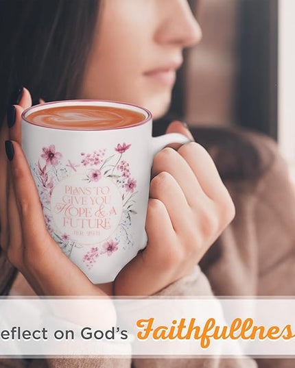 Christian Art Gifts Inspirational Ceramic Coffee & Tea Scripture Mug for Women: Hope & a Future Encouraging Bible Verse, Microwave & Dishwasher Safe Novelty Drinkware, Dark Rose Pink Floral, 12 oz.