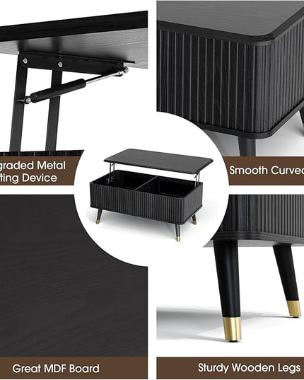Lift Top Coffee Table with Storage, Modern Coffee Table with Solid Wood Legs, 38" Minimalist Fluted Center Table for Living Room, Home Office, Black