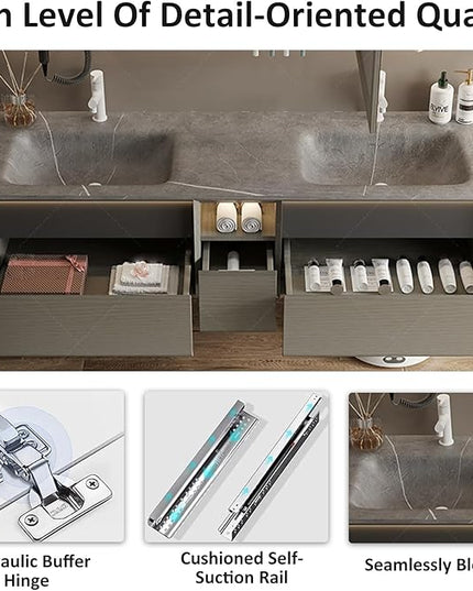 72IN Wood Bathroom Vanity - Double Sink Bathroom Vanity with Sink | Includes LED Intelligent Defogging Mirror Cabinet, 3 Drawers | Intelligent Induction Light & Integrated Double Sinks, Grey
