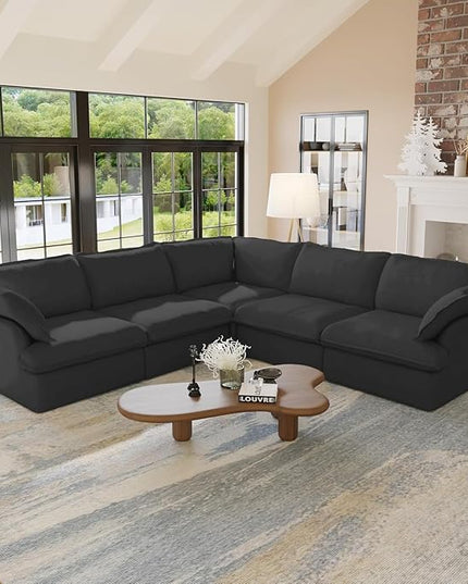 JACH V Shape Modern Sectional Couch, Convertible Sectional Sofas Couches, Minimalist Deep Seat Sofa, Down Fill Modular Sofas for Living Room, Office, Apartment (5-Seat, Black)