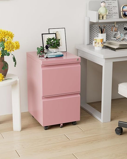 METAN 2 Drawer File Cabinet with Lock, Mobile Under Desk Filing Cabinet for Office Legal/Letter Size, Fully Assembled Except Wheels,Pink