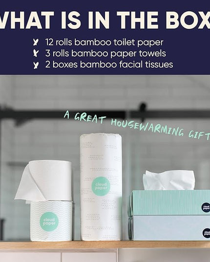 Bamboo Toilet Paper, Paper Towels, and Tissues - Compact Bundle Box for Eco-Friendly Households - 12 rolls bamboo toilet paper, 3 rolls bamboo paper towels, and 2 boxes bamboo facial tissues