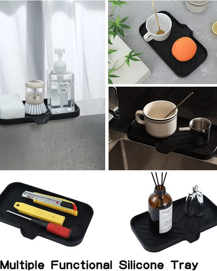 Silicone Bathroom Soap Dishes with Drain Spout-Bathroom and Kitchen Sink Organizer,Sponge Holder,Dish Soap Tray,Perfect for Dispenser,Scrubber,Bottle,Cup on Sink or Counter-Black 9.6"×5.3"