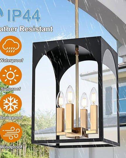 VINLUZ Outdoor 4 Lights in Black and Brushed Brass Finish, Metal Indoor Outdoor Pendant Hanging Lantern Lighting with Clear Glass Shade for Balcony Dining Room