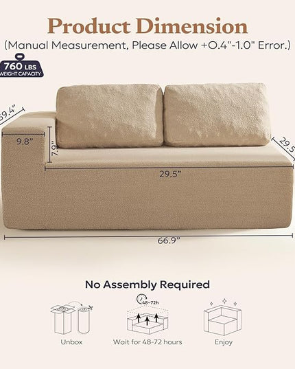 Loveseat Sofa, Cloud Modular Sofa Couch, Upholstered Floor Sofa with Deep Seat, Upholstered Foam Couch for Bedroom Living Room, No Assembly Required (Teddy Boucle, Camel)