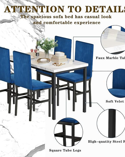 AWQM Dining Table Set for 4, Modern Marble Dining Table Set with 4 Upholstered Velvet Chairs,Dining Room Table Set for Kitchen, Breakfast Nook, Dining Room, White and Blue