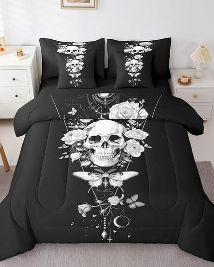 Feelyou 7 Piece Death Moth Bed in a Bag King Rustic Garden Flower Sheet Set Sun and Moon Galaxy for Boys Girls Kids Gothic Skull Skeleton Bedding Comforter Boho Style Cushion Covers