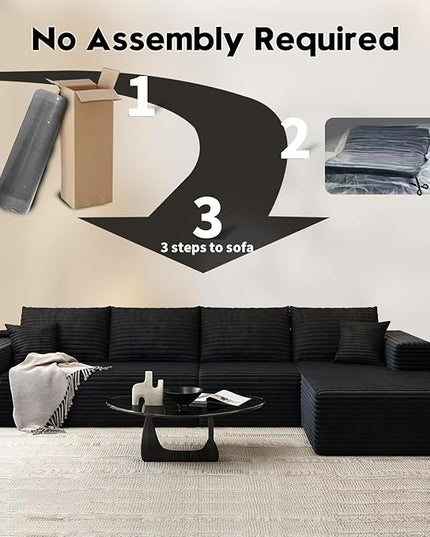 135.4" Cloud Modular Sectional Sofa Couch with L-Shape Chaise,Modern Minimalist Upholstered Couches for Living Room Bedroom,Deep Seat Corner Couch，No Assembly Required (Black,Right Facing Chaise)
