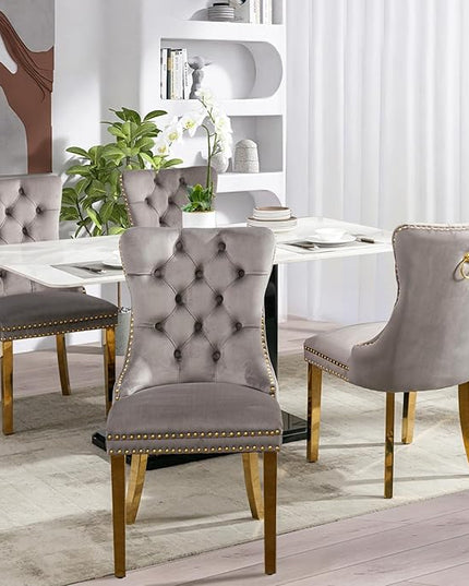 SoarFlash Velvet Dining Chair Set of 4, Upholstered Tufted Dining Room Chair with Nailhead Trim and Solid Gold Plated Leg for Kitchen (Grey)