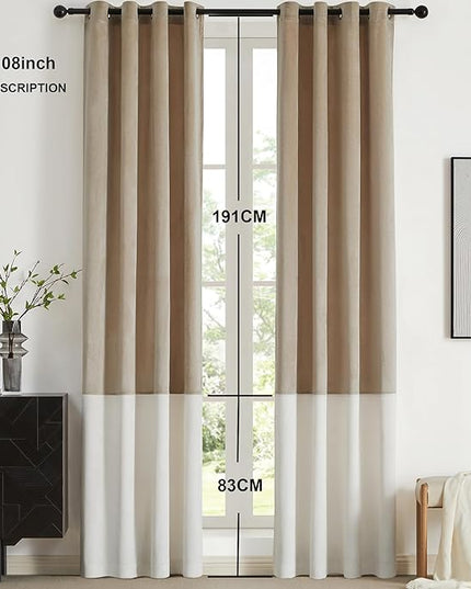 BULBUL Champagne Cream Ivory Color Block Window Curtains Panels 108 inches Long Velvet Farmhouse Drapes for Bedroom Living Room Darkening Treatment with Grommet Set of 2