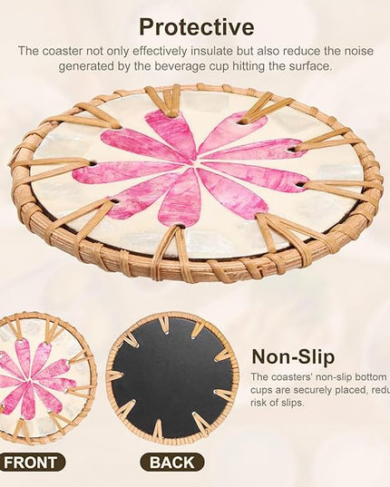 uxcell 2Pcs Handmade Woven Rattan Coasters, Heat-Resistant Drink Coasters for Coffee Table Dining Room Kitchen Coffee Wine Decor, Pink Petal