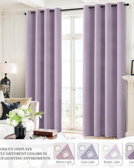Yakamok Lilac 100% Blackout Curtains 96 Inches Long with 2 Thick Layers-Light Purple Room Darkening Thermal Insulated Window Curtain Set of 2 Panels for Bedroom Living Room 52x96 Inches,Lavender