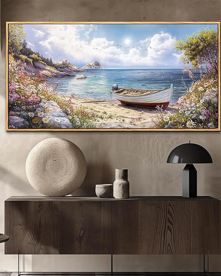 Wood Farmed Canvas Wall Art For Living Room Large Wall Decor For Office Bedroom Decorations The Sea Boat Landscape Pictures Farmhouse Painting Artwork Room Wall Mural Aesthetic Home Decor 30x60 In
