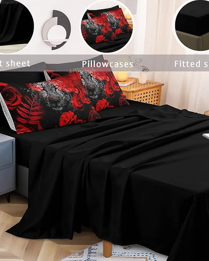 Bedbay Red Rose Leopard Comforter Set California King 8 Pcs Bed in a Bag Cheetah Bedding Teen Women Adults Men Leopard Bedding Wild Animal and Rose Flower California King Bed Set (Black,Cal-King)