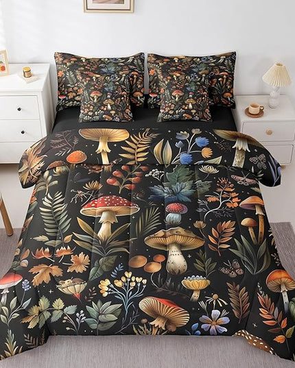 Feelyou Wild Mushroom Comforter Set with Sheets Burgundy Plant Quilt Set for Kids Boys Girls Bedroom Bed Decor Fallen Leaves 7 Piece Bedding Set King Size Soft Botanical Plant Bed Set