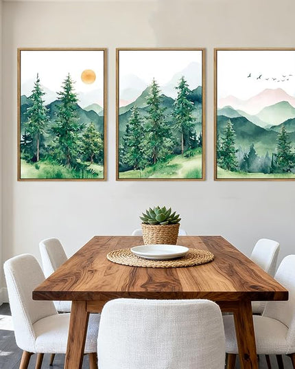 ANHUIB Extra Large Forest Wall Art Green Mountain Wall Decor Set of 3 for Living Room Bedroom Dining Room 24x36 Inch