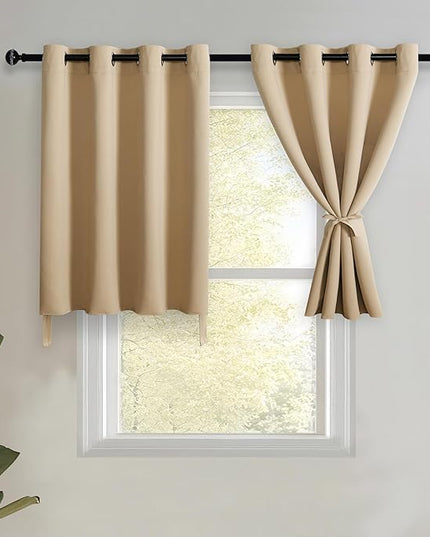 JIUZHEN Short Curtains Kitchen Half Window Blackout Curtains with Tiebacks for Baseroom Shadows, Grommet Curtains for Living Room, Set of 2 Window Curtain Panels, 52 x 36 Inch Length，Beige