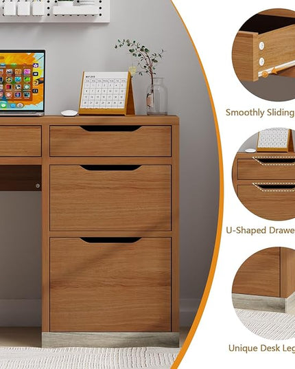 52 Inch Desk with 4 Drawers, Small Computer Desk for Small Space, Home Office Desk with Storage File Cabinet for Bedroom, Brown