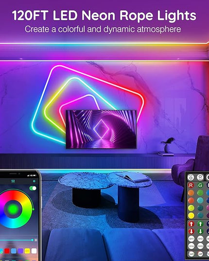 AILBTON 120FT Led Neon Rope Lights Control with App/Remote,Flexible Led Rope Light,Multiple Modes,IP65 Outdoor RGB Lights Waterproof,Music Sync Gaming Led Neon Strip Light for Bedroom Decor