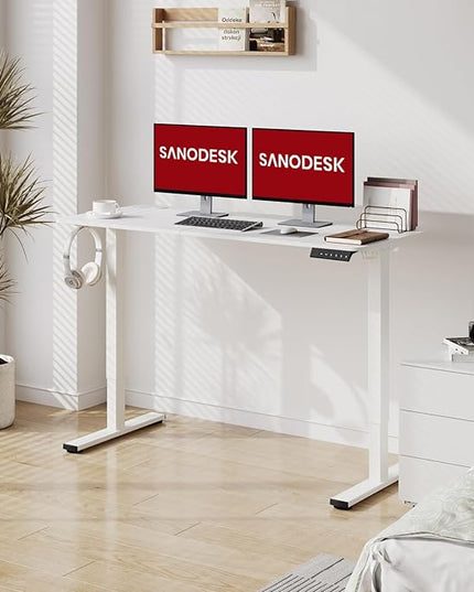 SANODESK Electric Standing Desk 63x24 Inch Height Adjustable Stand Up Desk Home Office Computer Workstation Sit Stand Home Office Desk with Splice Board (White Frame + White Top)