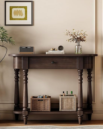 HMFULE Retro Curved Console Table, 36" Solid Wood Half Moon Console Table Sofa Table Entryway Table with 1 Drawer 1 Open Shelf Roman Legs Curved Corners for Living Room,Entryway,Hallway,Espresso