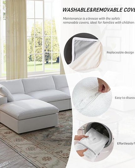 WJShome 120" Cloud Couch Sectional for Living Room, L Shape Down Filled Modular Sectional Sofa,Convertible Couch with Ottoman, Sofa Covers Washable&Replaceable,White