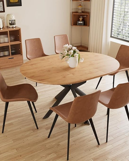 43.2"-59.1" Extendable Round Dining Table Set, Mid Century Wooden Round Kitchen Table, Oak Coffee Table for 4-6 Person,PU Leather Chair