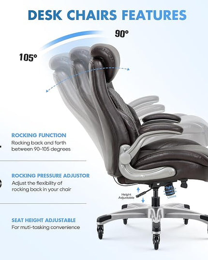 COLAMY Office Ergonomic Desk High Back Executive Chair with Pop-Out Lumbar Support, Upgraded Casters, Adjustable Headrest, Flip-Up Arms, Leather Home with Thick Cushion for Comfort - Brown