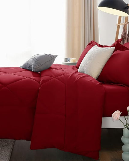 CozyLux Queen Comforter Set Dark Red - Bed in a Bag Queen Size 7 Pieces, Luxury Soft Bed Set for All Seasons, Bedding Set with Down Alternative Comforter, Sheets, Pillowcases & Shams