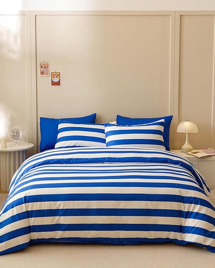 CLOTHKNOW Striped Comforter Set King 3Pcs Blue White Bedding Comforter Sets Blue White Stripes Comforter King All Season Lightweight Bed Set King
