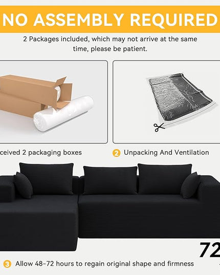 ALISH 111 Inch L-Shaped Cloud Sectional Sofa Couch, Compression Couch with Chaise, Modular Deep Seat Boneless Design for Easy Setup, Plush Upholstered Living Room Bedroom Apartment Furniture, Black