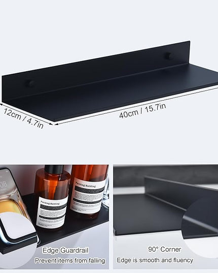 Black Shower Shelves Rustproof & Waterproof, 40cm Adhesive Shower Caddy 2 Pack, Metal Bathroom Floating Shelves No Drilling Bathroom Wall Storage Organizer