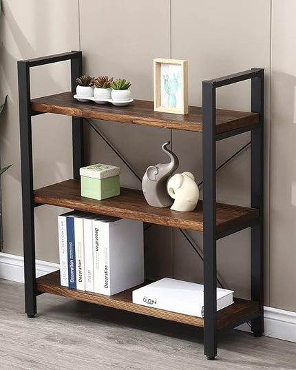 Natural Real Solid Wood Bookcase,3 Tier Metal and Wood Open Book Shelf Storage Farmhouse Wide Etagere Bookcase for Office Living Bedroom
