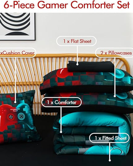 PERFEMET 6 Pcs Gaming Comforter Sets for Teen Boys Red and Teal Game Kids Bed in A Bag with Sheet Set 3D Cool Soft Lightweight Video Game Bed Set(Red Teal, Queen)