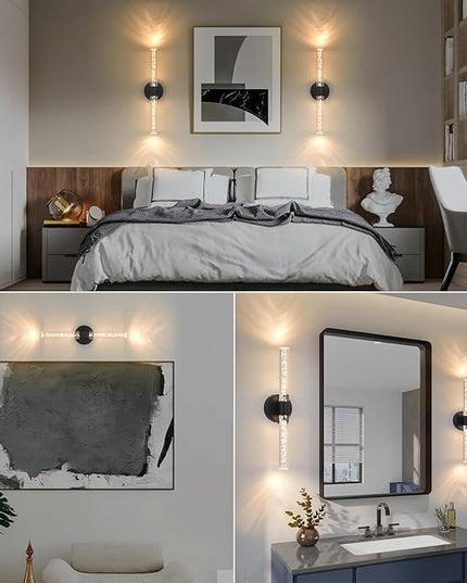 Battery Operated Wall Sconces Set of 2, Black 20'' Rechargeable Crystal Bubble Wall Sconce with Remote Control, 3000K-6000K Dimmable LED Wireless Wall Lights for Living Room Bedroom Bathroom Hallway