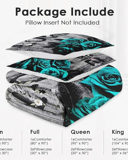 Queen Size Comforter Set with 2 Pillowcases, Cyan Rose Flower Love 3 Pcs Bedding for Kids and Adults, Summer Vintage Woodboard Soft Comforter Set for Bedroom Bed Decor