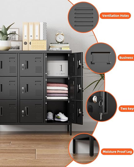 Aobabo 9 Doors Metal Storage Locker for Employees, Steel Storage Locker with Lock and Card Slot, for Home, Office, School, Gym, Require Assembly, Black